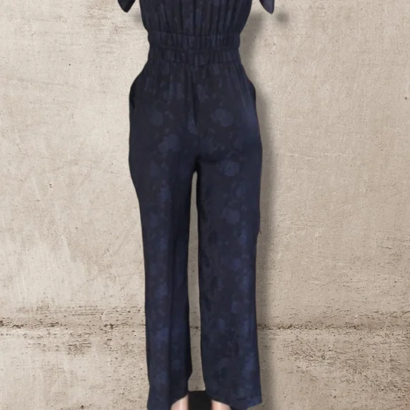 Midnight Navy Floral Jacquard V-neck Wrap Jumpsuit XS - Picture 2 of 8